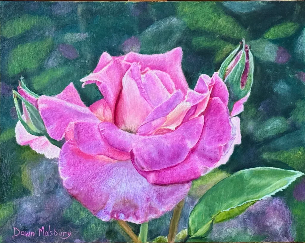 Painting of light shining on a pink rose