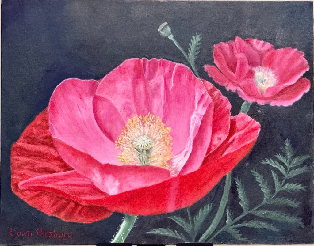 Painting of two red poppies on a dark background