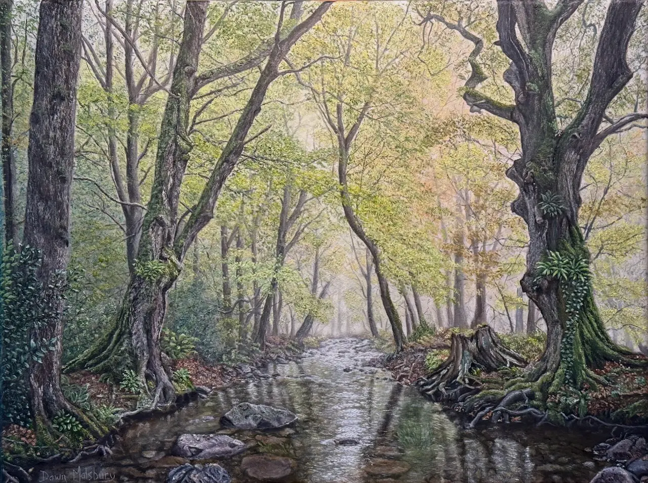 Oil painting of a river running through a foggy woodland.
